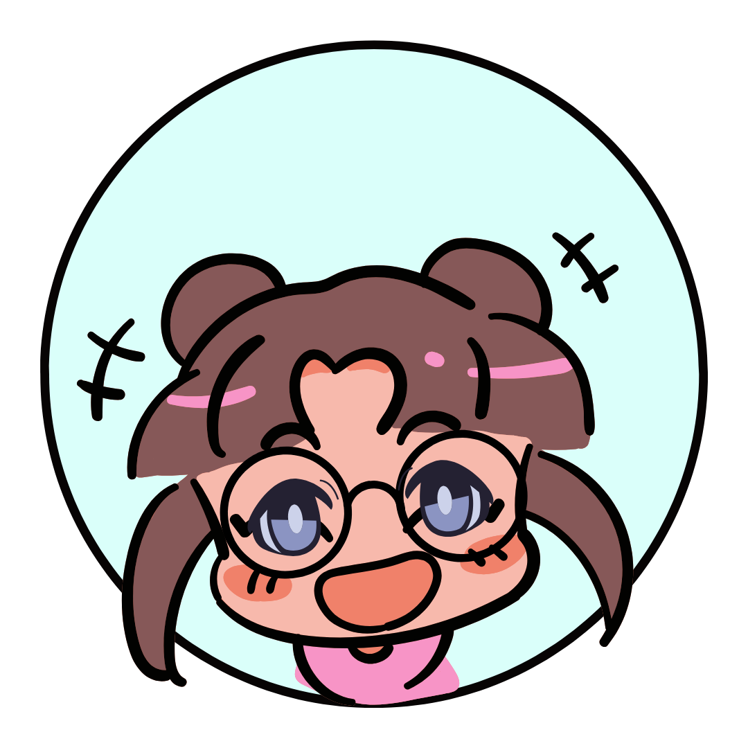 Round logo of an anime girl with space buns, blinking. The anime girl has brown hair and is wearing glasses and a pink t-shirt. The logo has a blue background.