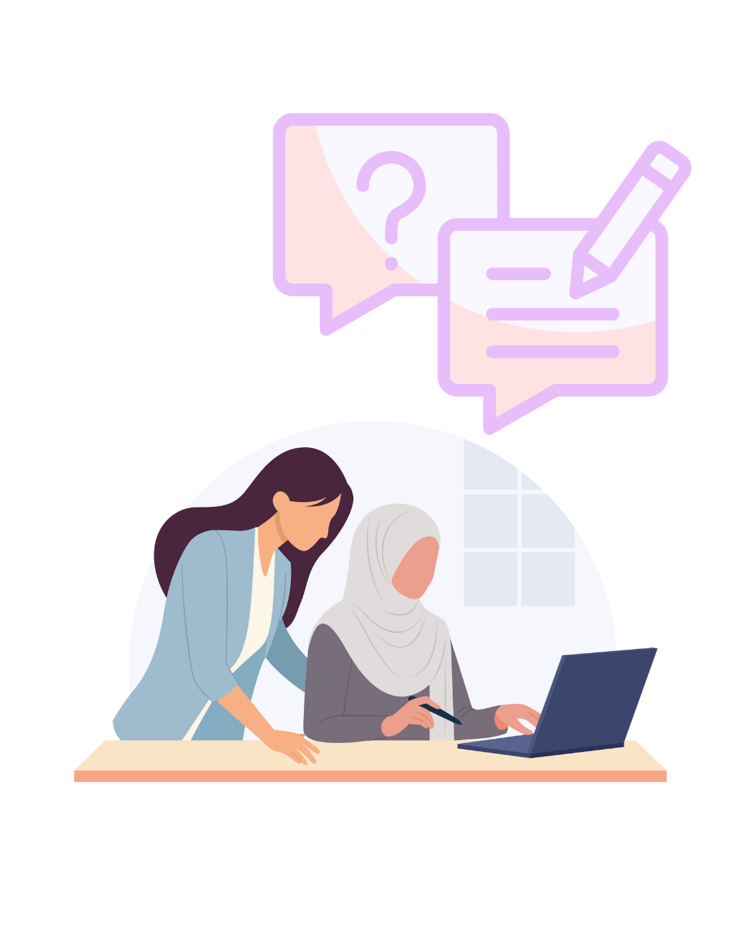 Animated image of two women working on a computer with speech bubbles above their head. One woman is seated wearing a white headscarf and a grey shirt. The other woman is standing slightly behind her, looking over her shoulder. She is wearing a bright blue blazer - she has long brown hair. 